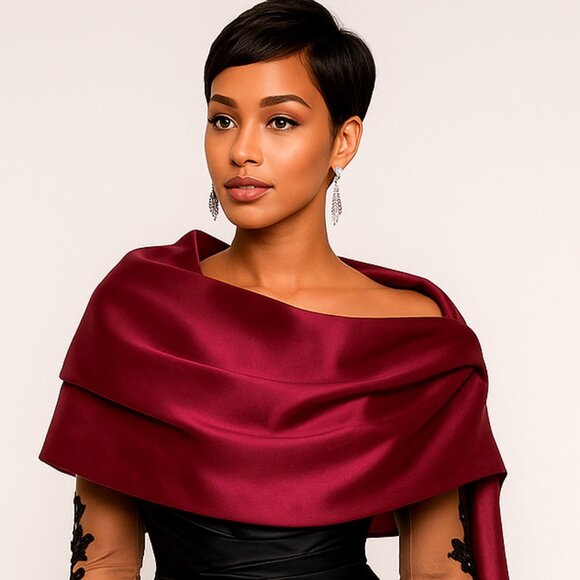 Elegant Satin Evening Wrap Shawl – Burgundy Wine Red - Picture 1 of 4